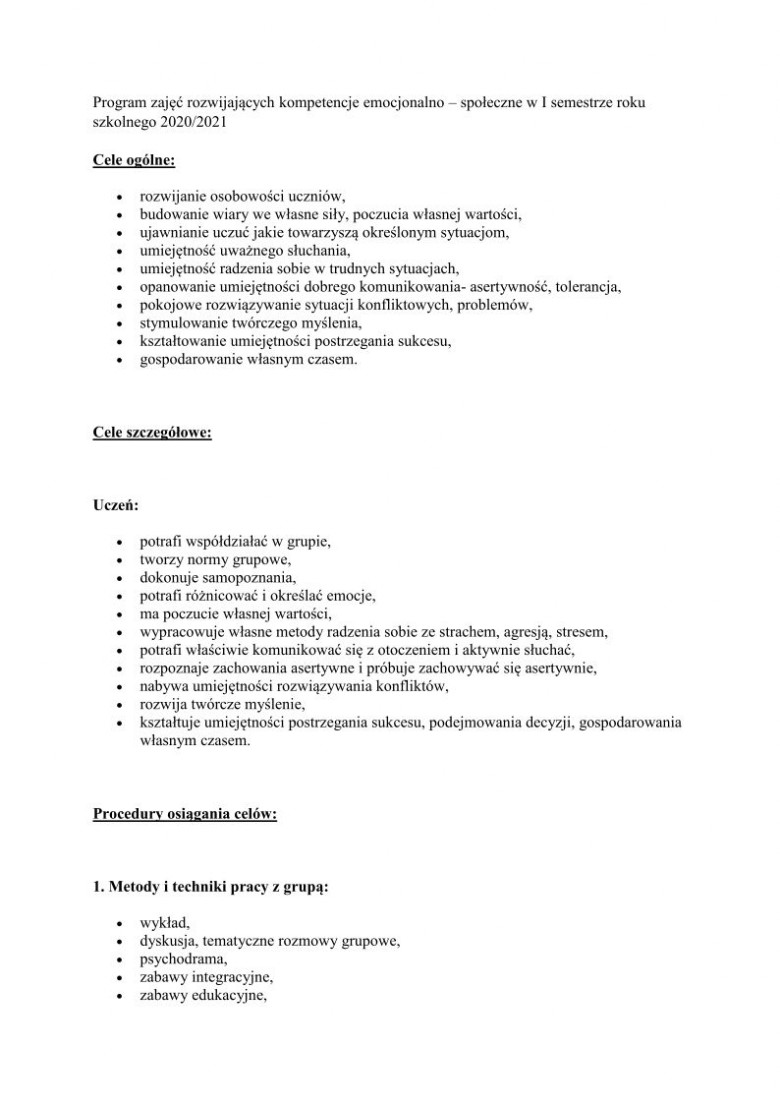 Program Zajęć Rozwijających Kompetencje Emocjonalno Społeczne Program zajęć rozwijających kompetencje emocjonalno - Zespół Szkolno